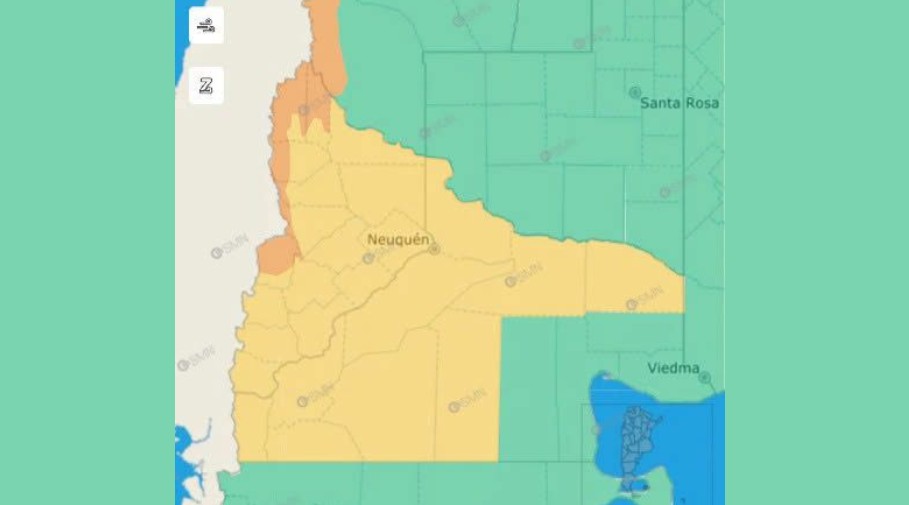 Mapa de alertas del Servicio Meteorológico Nacional para el Norte Neuquino.