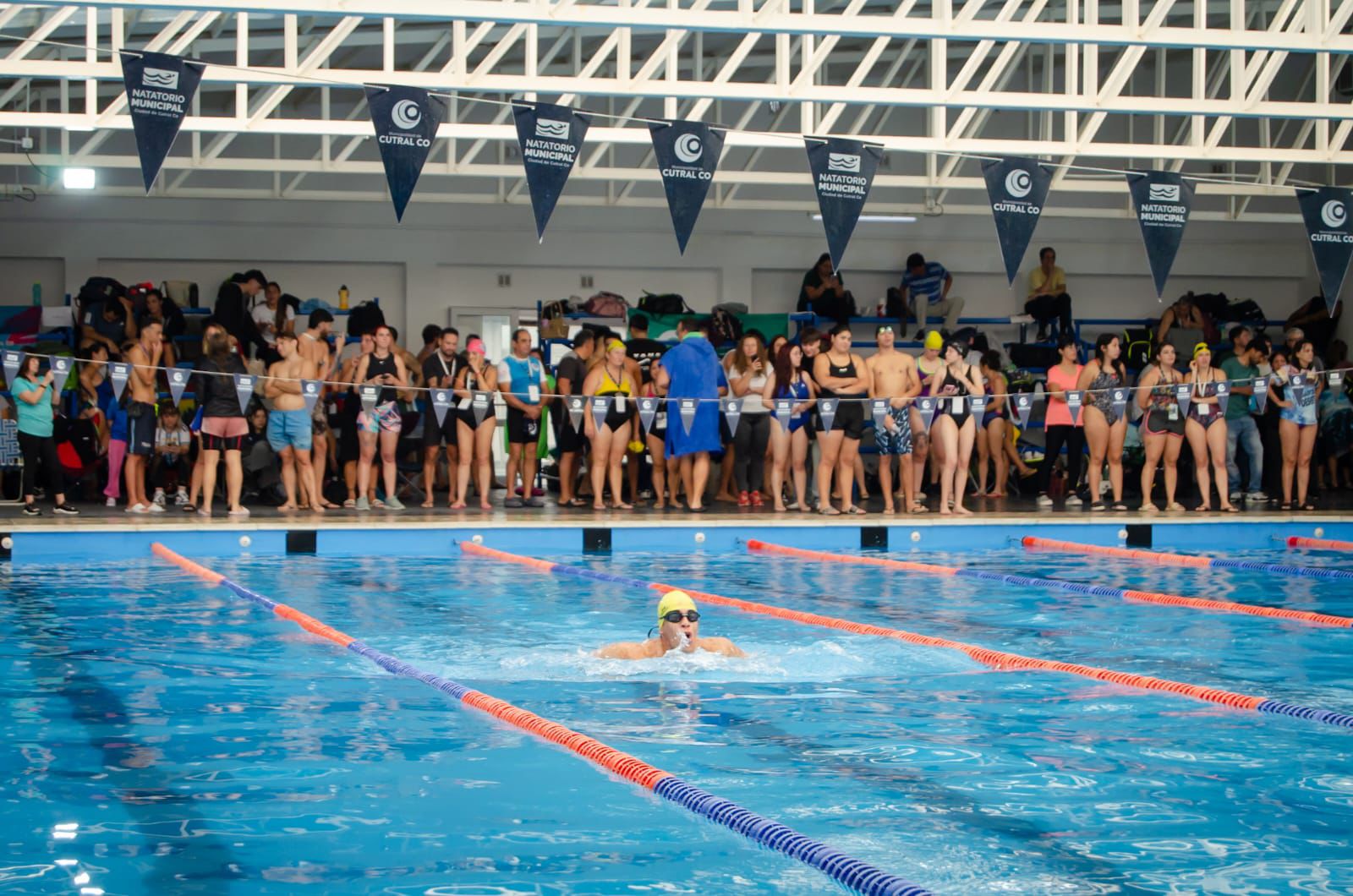 Nadadores en la pileta semiolímpica del Natatorio Municipal de Cutral Co durante una de las pruebas del Circuito Patagónico Máster.