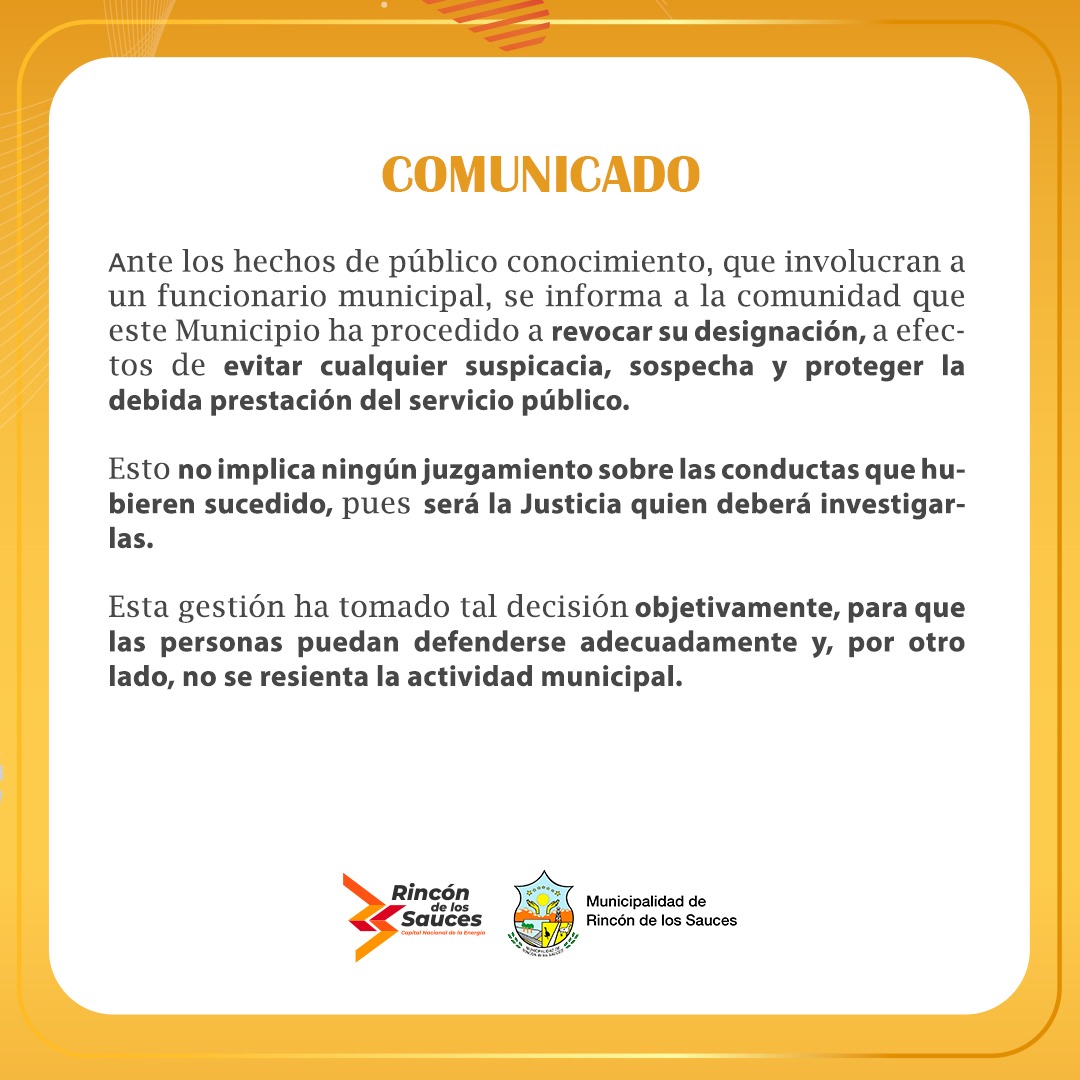 Comunicado de prensa municipalidad de Rincón de los sauces