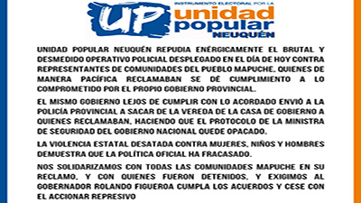 Logo de Unidad Popular Neuquén o imagen de un comunicado político.