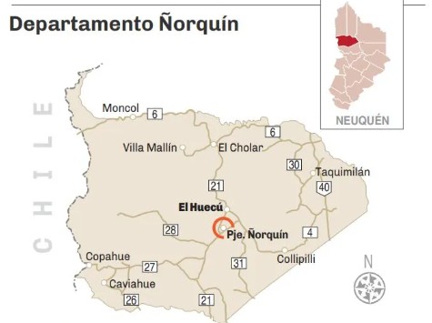 Mapa del Departamento Ñorquín, mostrando El Huecú, El Cholar, Taquimilán, Caviahue y los parajes.