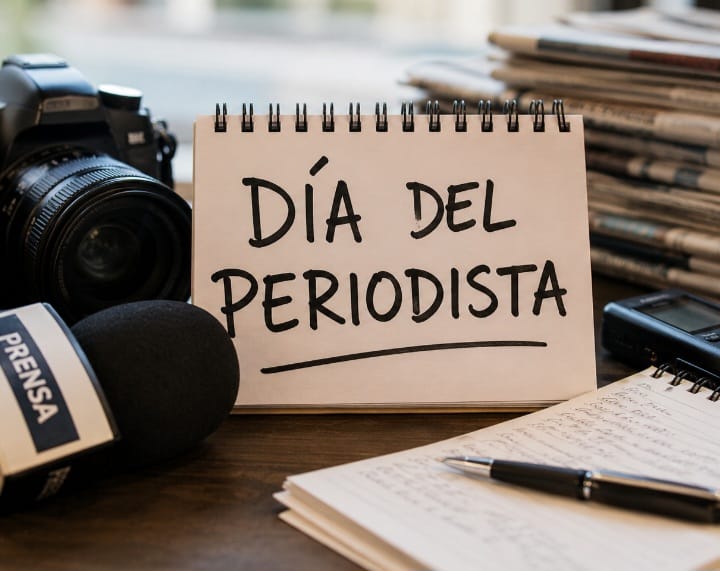 Periodista trabajando en una redacción durante el Día del Periodista.