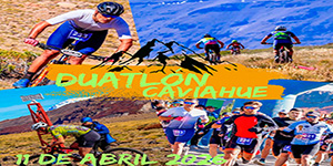 Corredores de trail running y ciclistas de montaña compitiendo en un sendero de tierra rodeado de araucarias y paisajes volcánicos en Caviahue.