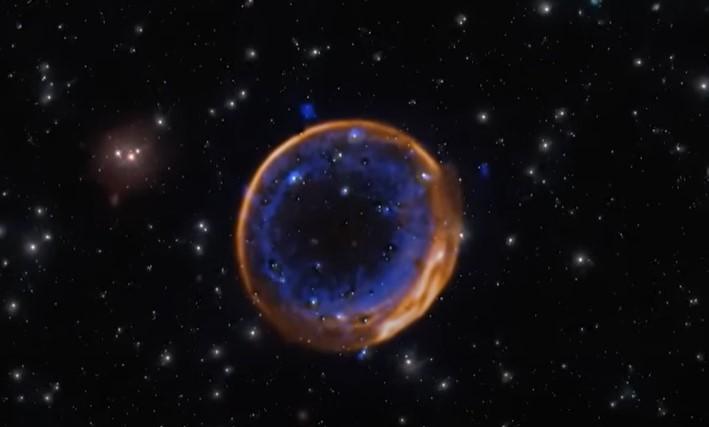 Representación de una estrella explotando en dos fases.