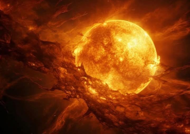 Representación del sol emitiendo una llamarada masiva hacia el espacio con la Tierra en el horizonte.