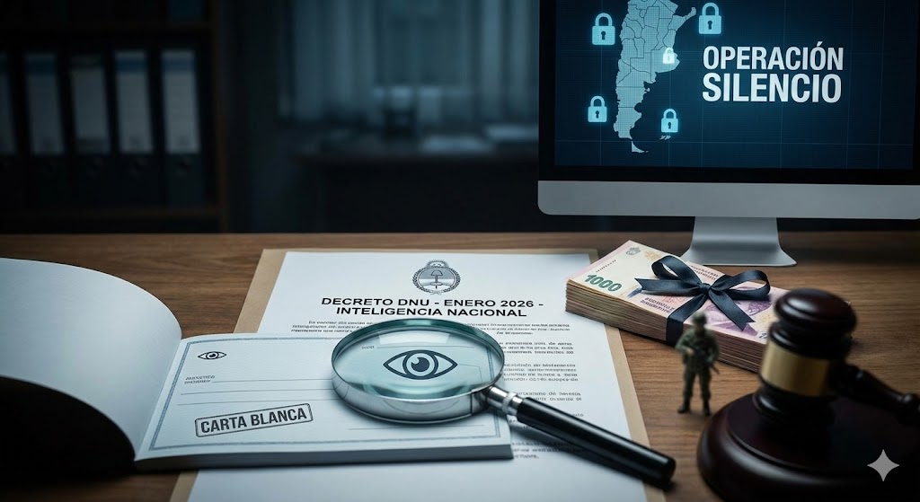 Edificio de la SIDE con placas digitales y símbolos de candado y dinero, representando el blindaje de fondos.