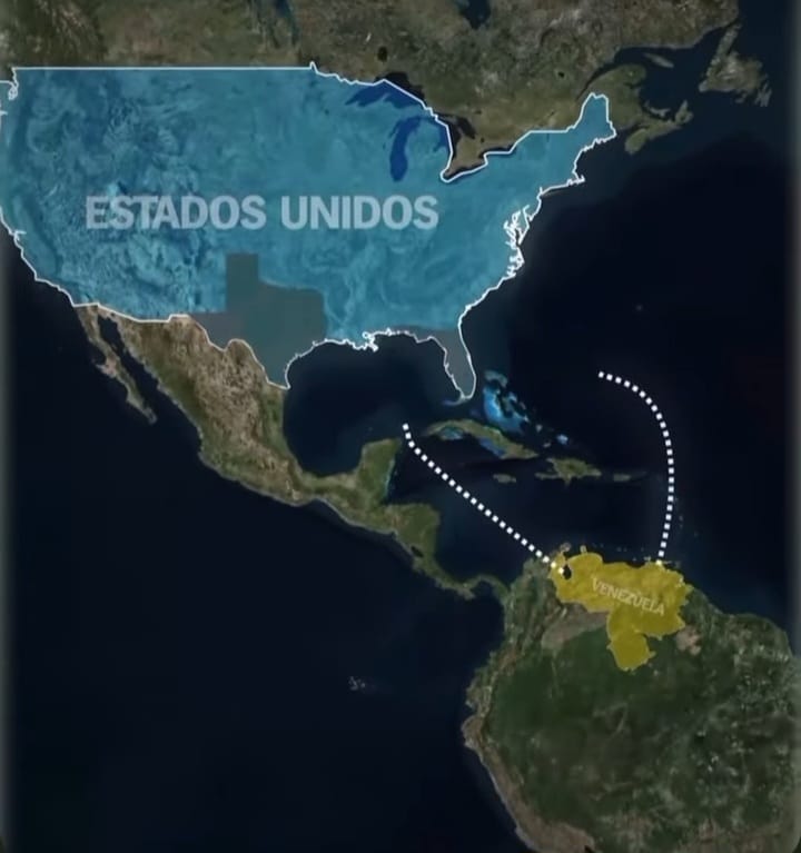 Mapa de Venezuela sobrepuesto con torres de petróleo y la bandera de Estados Unidos, simbolizando el control energético.