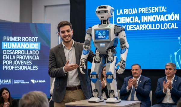 El primer robot humanoide desarrollado en La Rioja durante su presentación oficial.