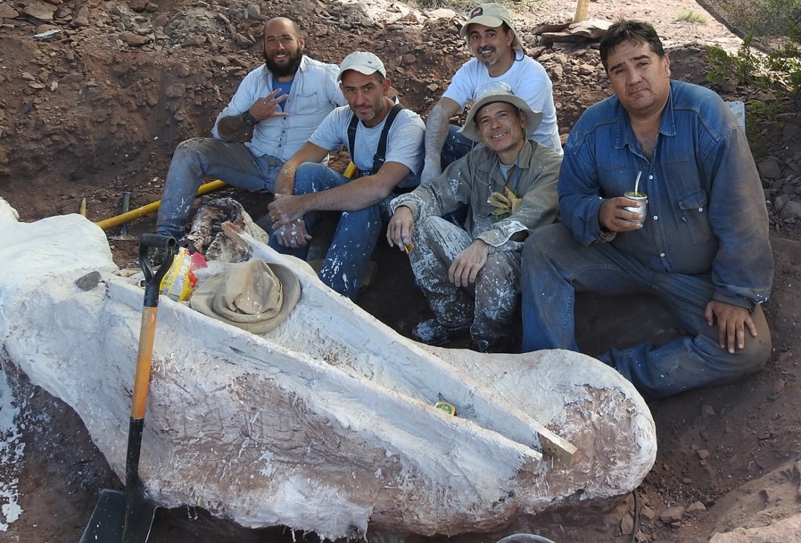 Paleontólogo Flavio Bellardini junto a los restos del Astigmasaura genuflexa en el sitio de excavación.