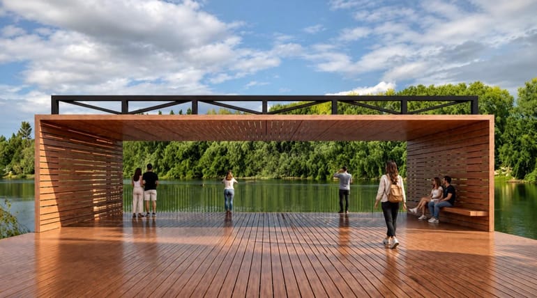 Vista del sendero y del puente colgante proyectado en la Península Hiroki.